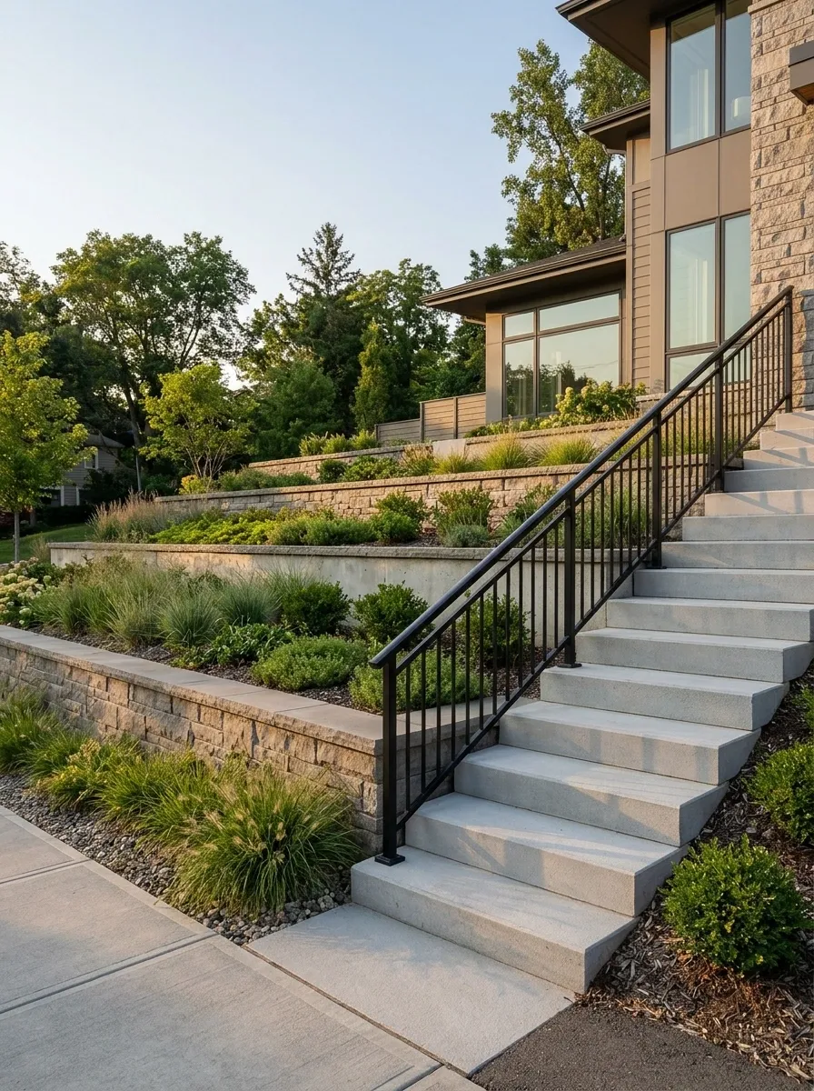 Sloping Front Garden With Low Retaining Beds and a Clear Stepped Route