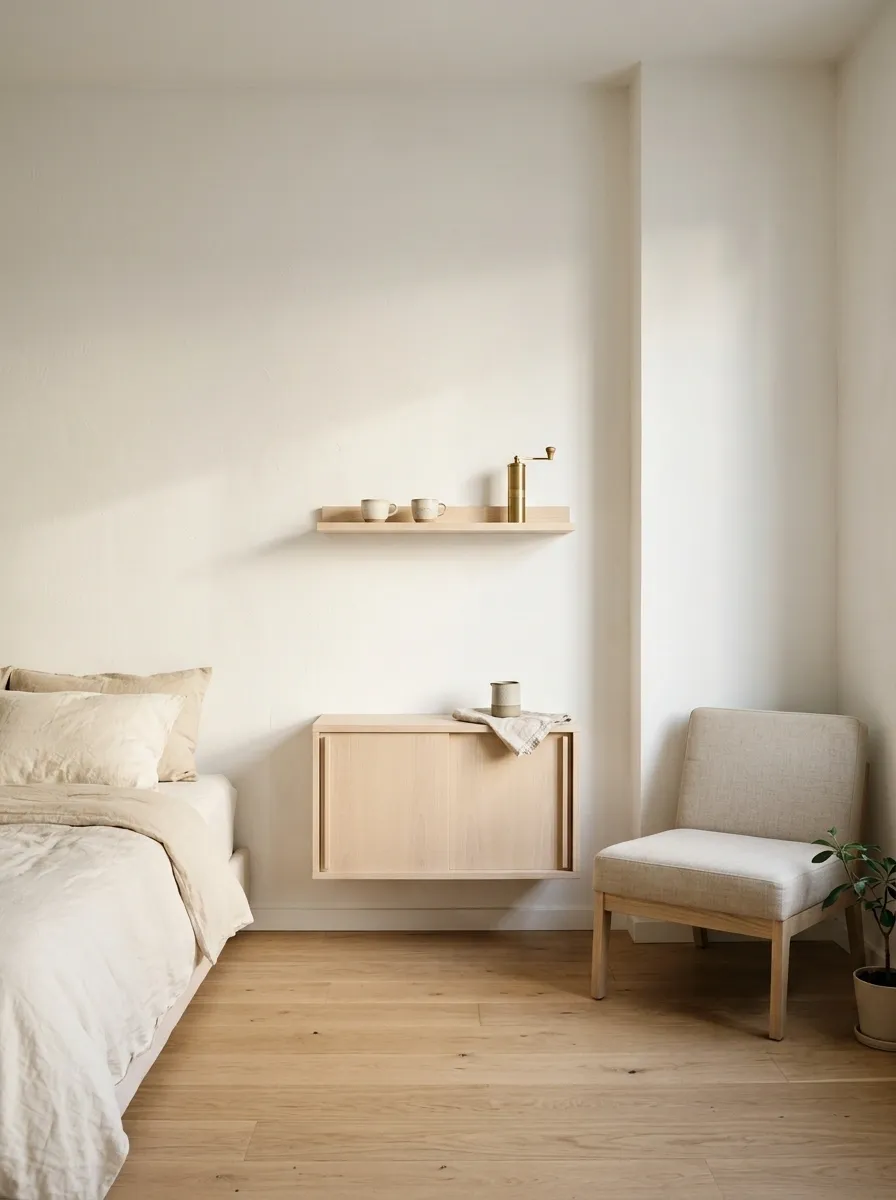 Small Apartment Bedroom With a Slim Floating Coffee Shelf