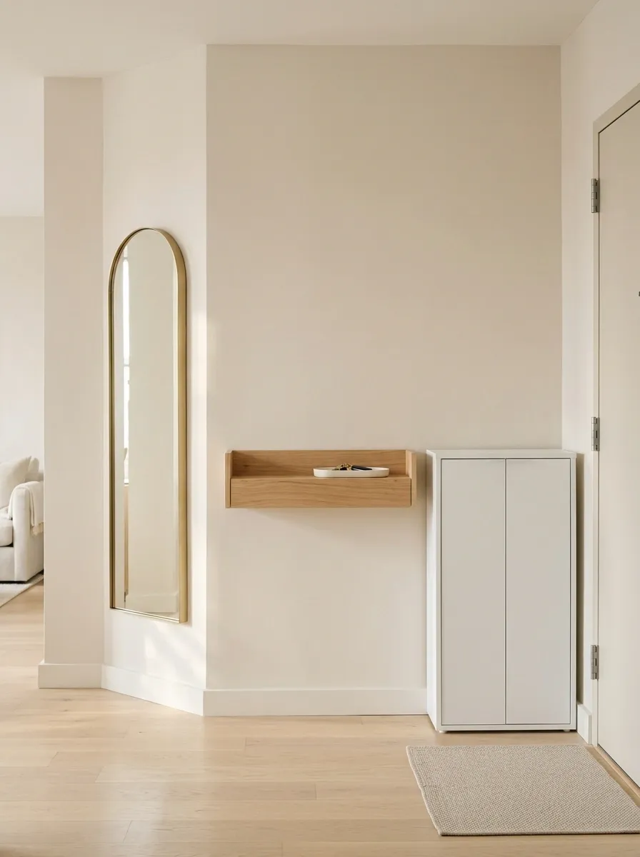 Small Apartment Corner With a Floating Shelf and a Tall Mirror