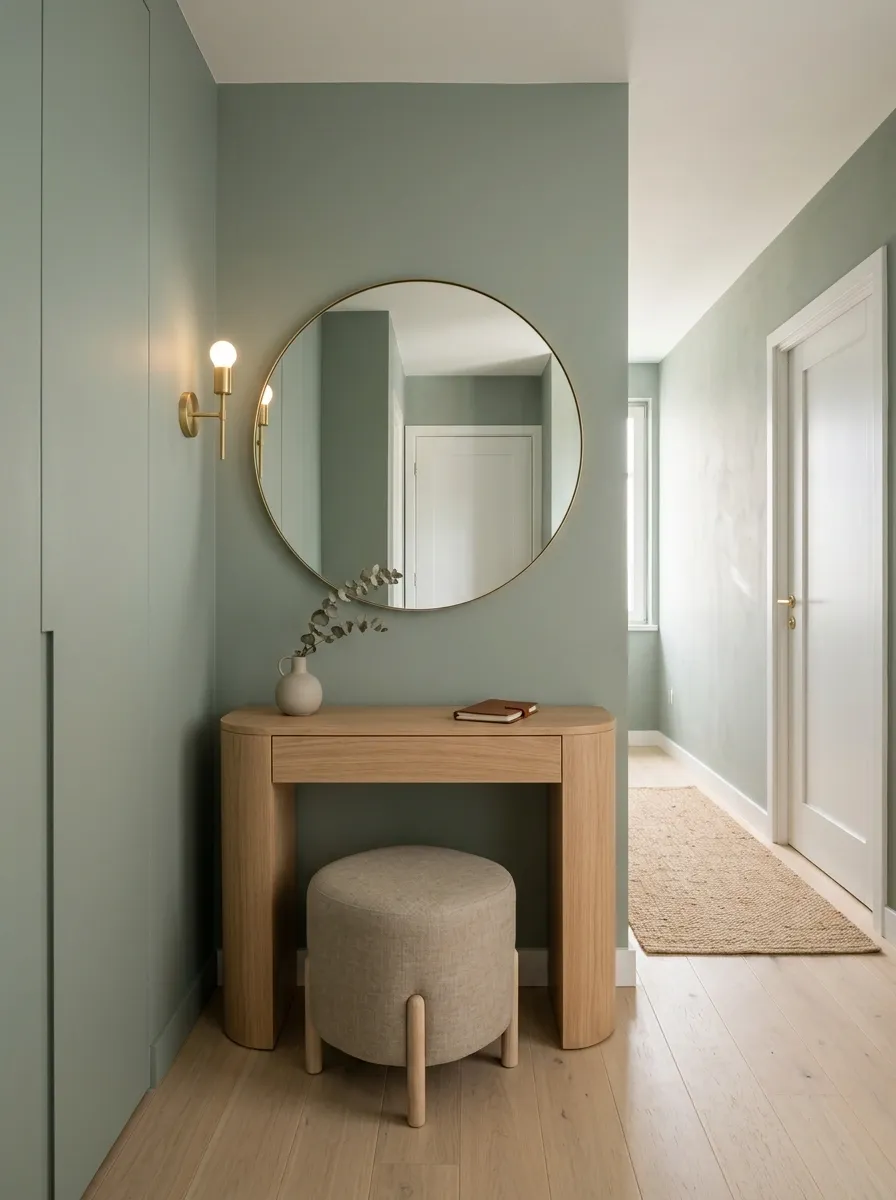 Small Apartment Entry With Dusty Sage and Curved Furniture