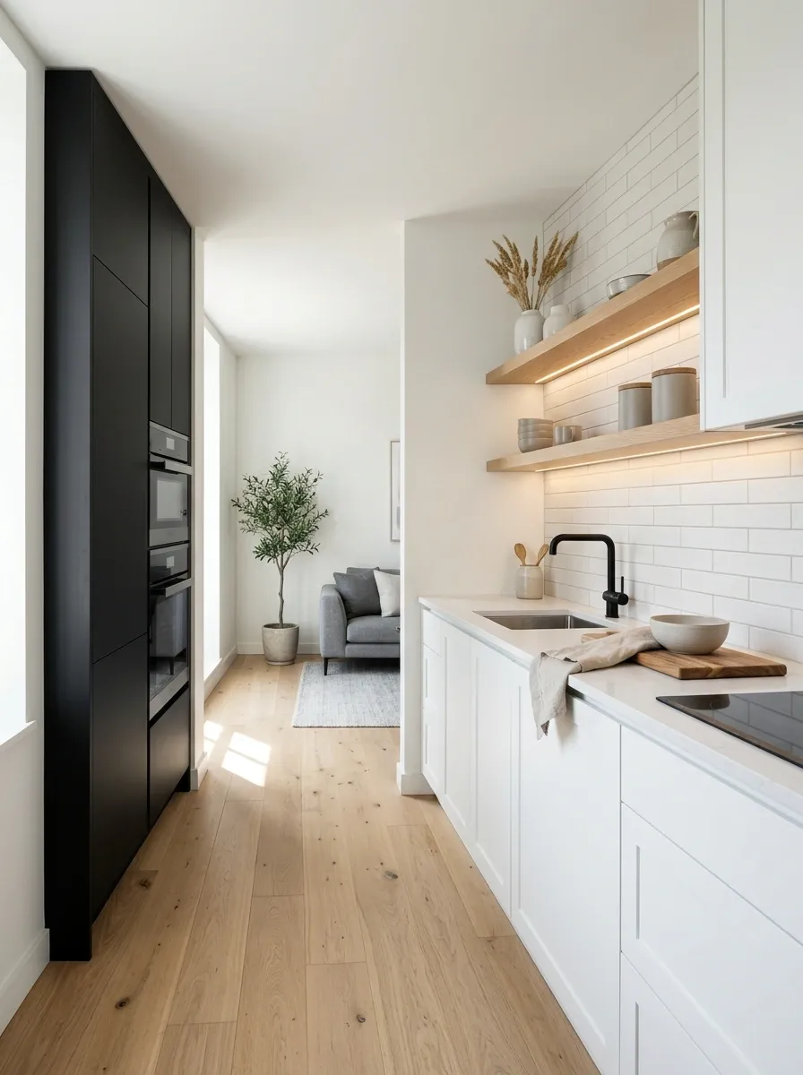Small Apartment Kitchen With Black Tall Cabinets and White Work Zones
