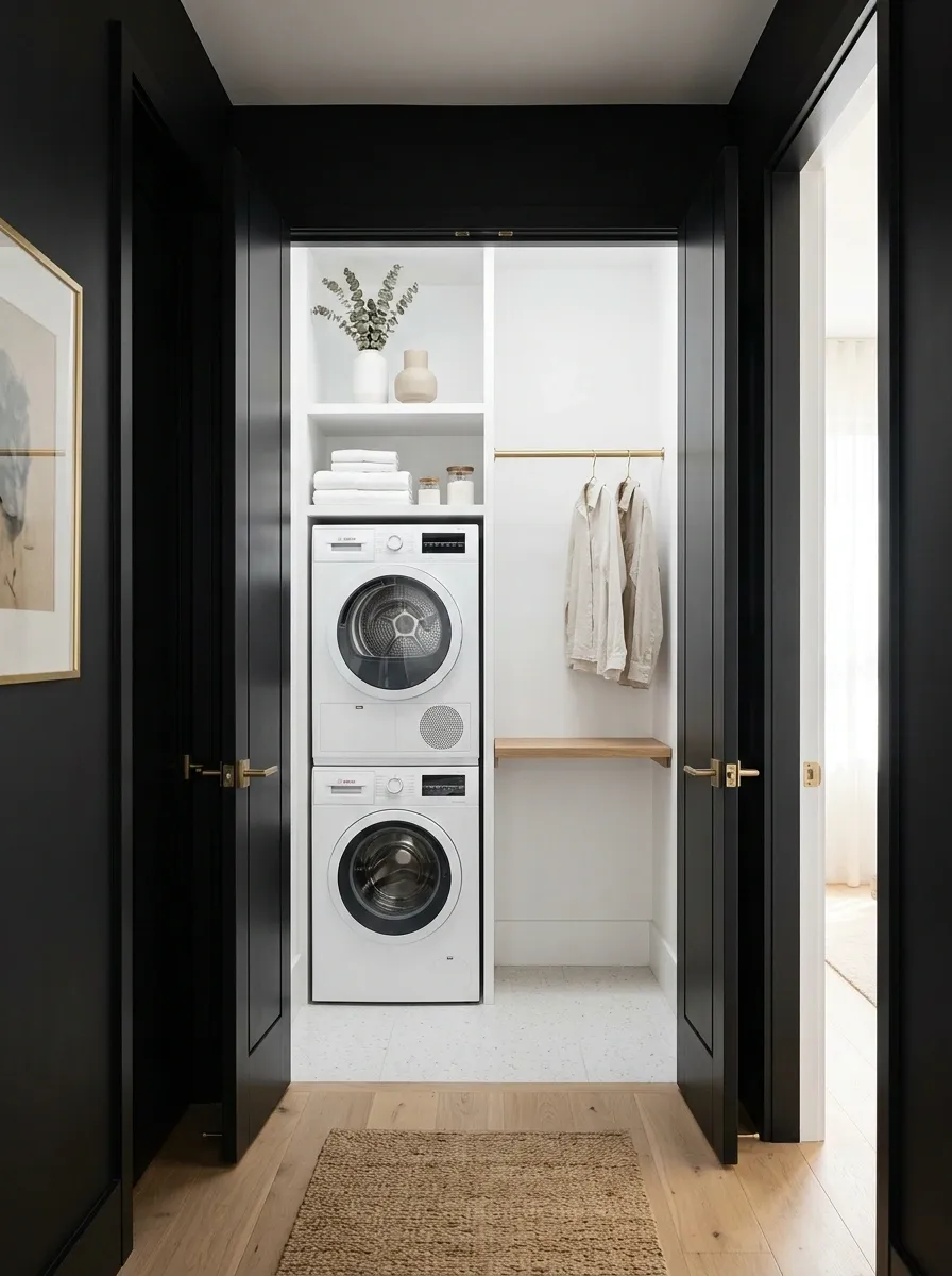 Small Apartment Laundry Room Hidden Behind Black Doors