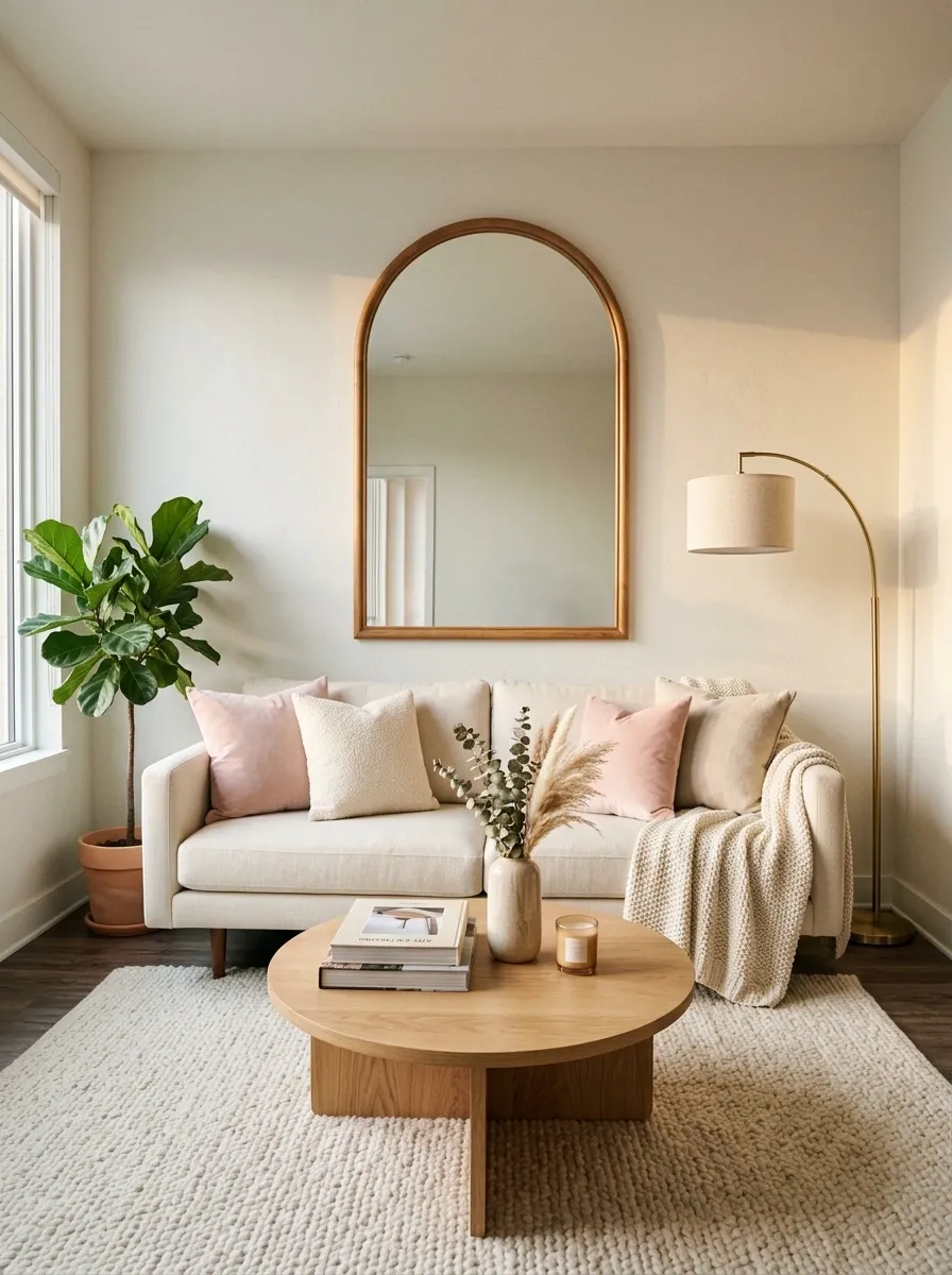 Small Apartment Living Room With Arched Mirror and Layered Soft Textures