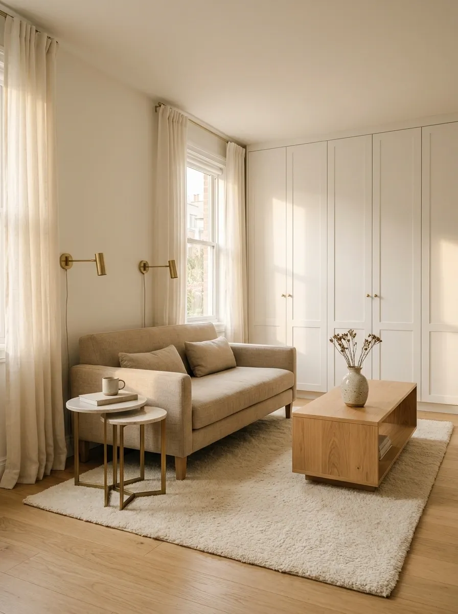 Small Apartment Living Room With Compact Sofa and Hidden Storage