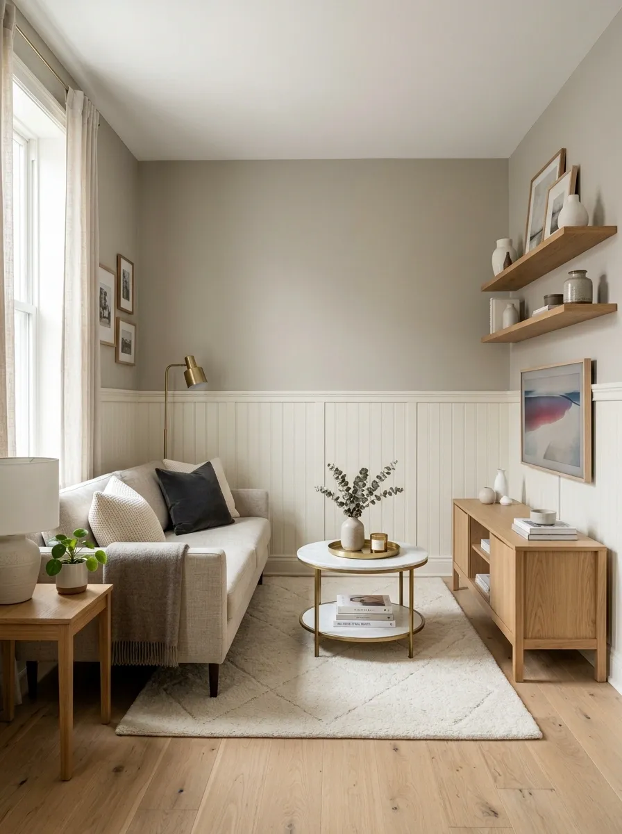 Small Apartment Living Room With Half-Height Beadboard and Built-In Shelving