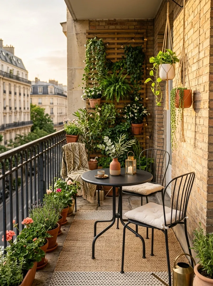 Small Balcony-Style Patio With a Bistro Table and Vertical Greenery
