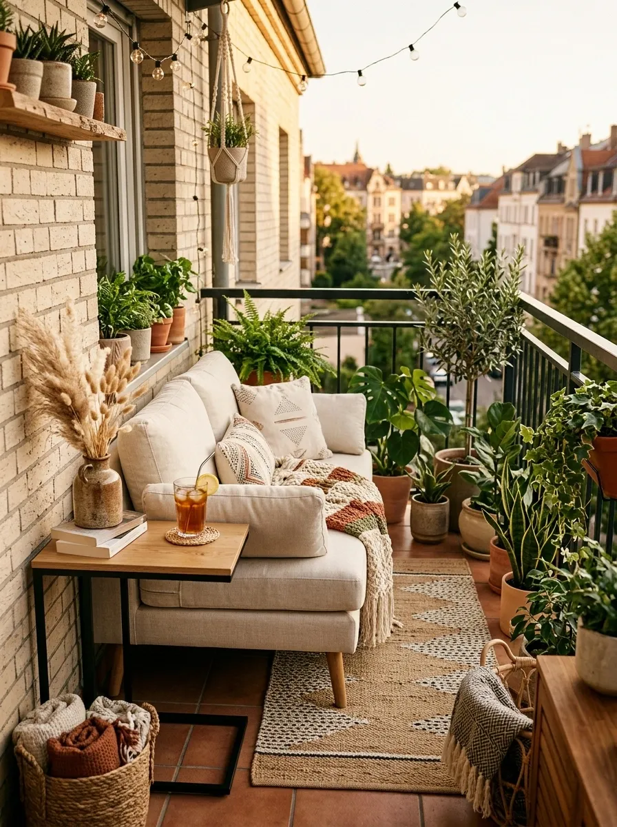 Small Balcony With a Loveseat and Slim Side Table