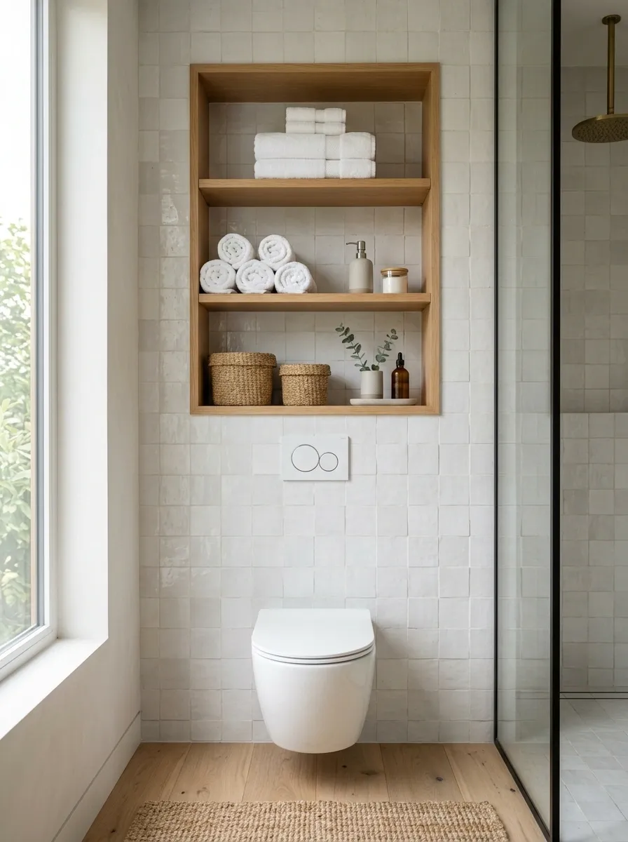 Small Bathroom With Over-Toilet Open Towel Shelving