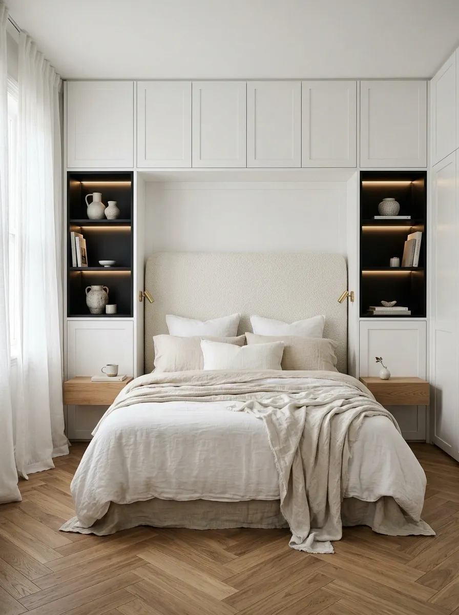 Small Bedroom With a Black-and-White Built-In Wall