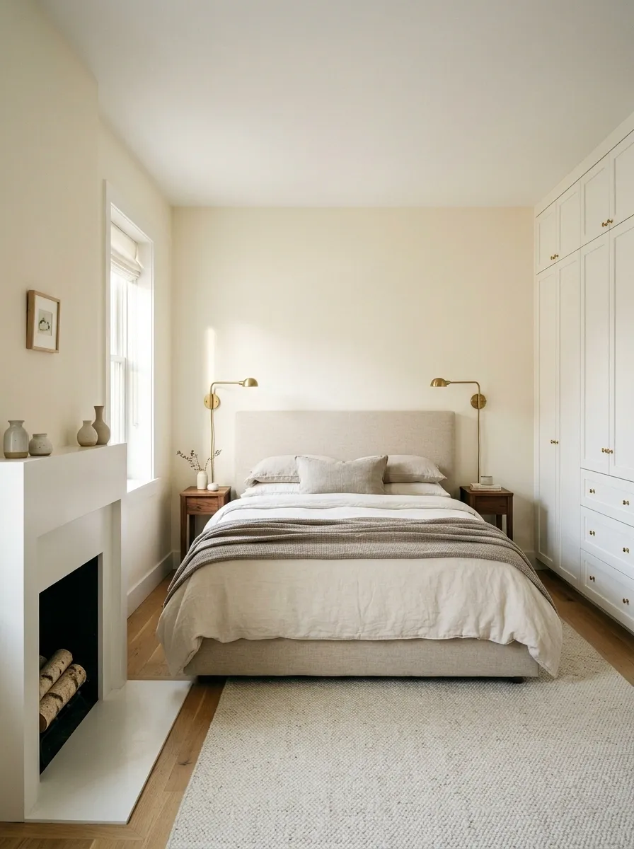 Small Bedroom With Corner Fireplace and Compact Upholstered Bed
