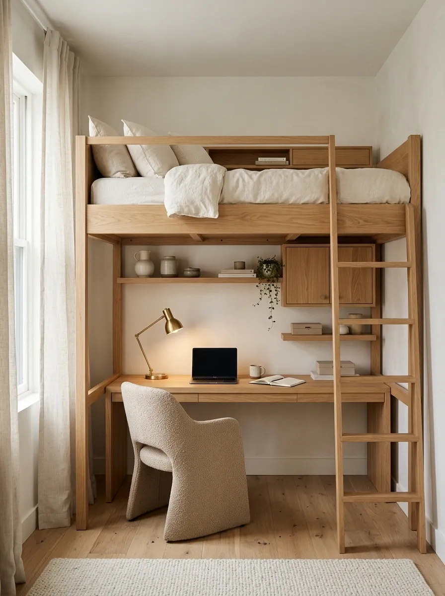 Small Bedroom Workspace Under a Lofted Bed