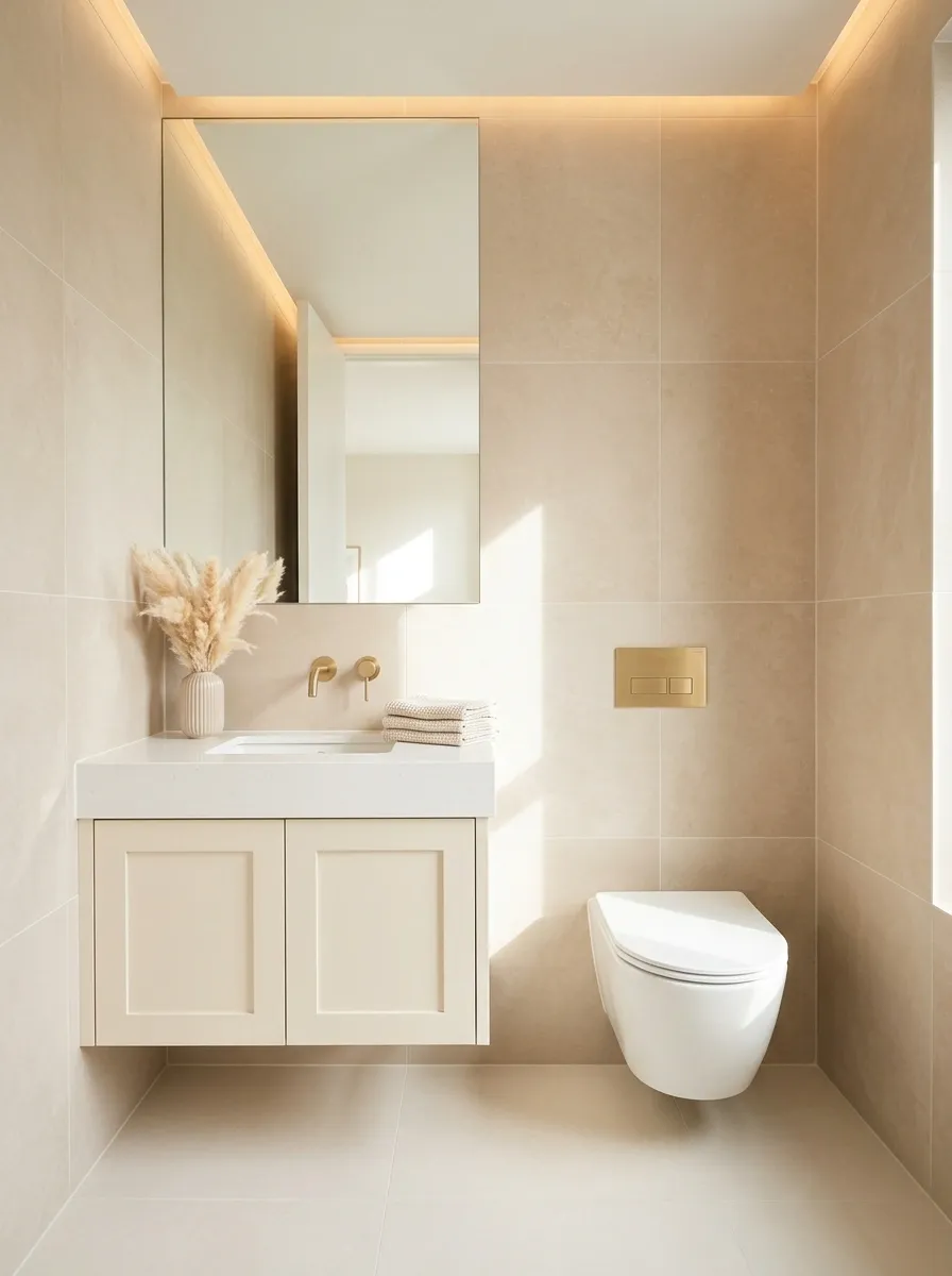 Small Beige Bathroom With a Wall-Hung Toilet and Floating Vanity