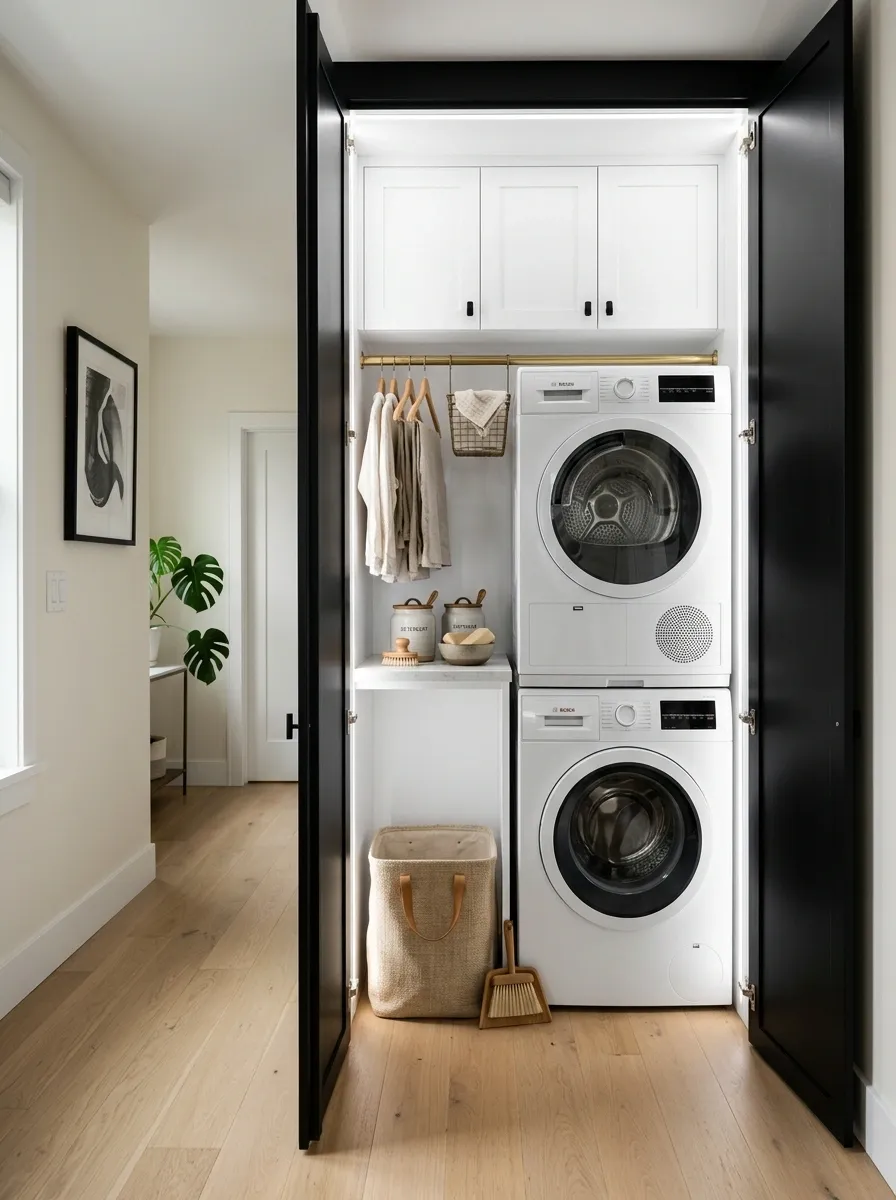 Small Black Laundry Closet With Full White Interior