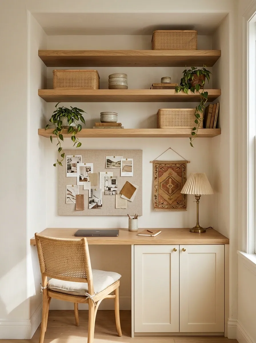 Small Boho Office Nook With Built-In Storage