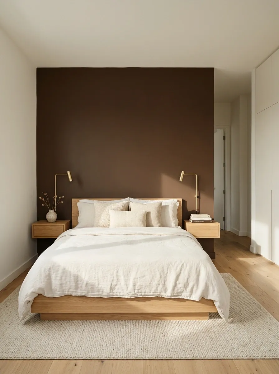 Small Chocolate Brown Bedroom With Pale Walls and Space-Saving Furniture