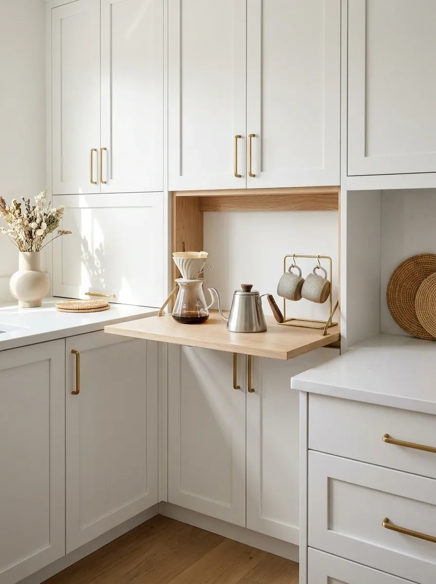 Small Coffee Station With a Fold-Down Wall Shelf
