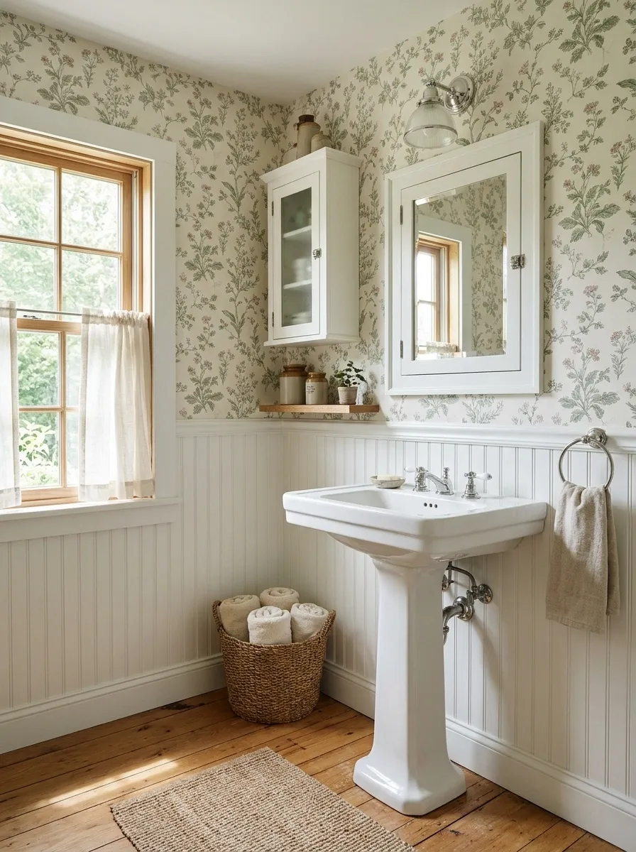 Small Country Bathroom With a Pedestal Sink and Smart Storage