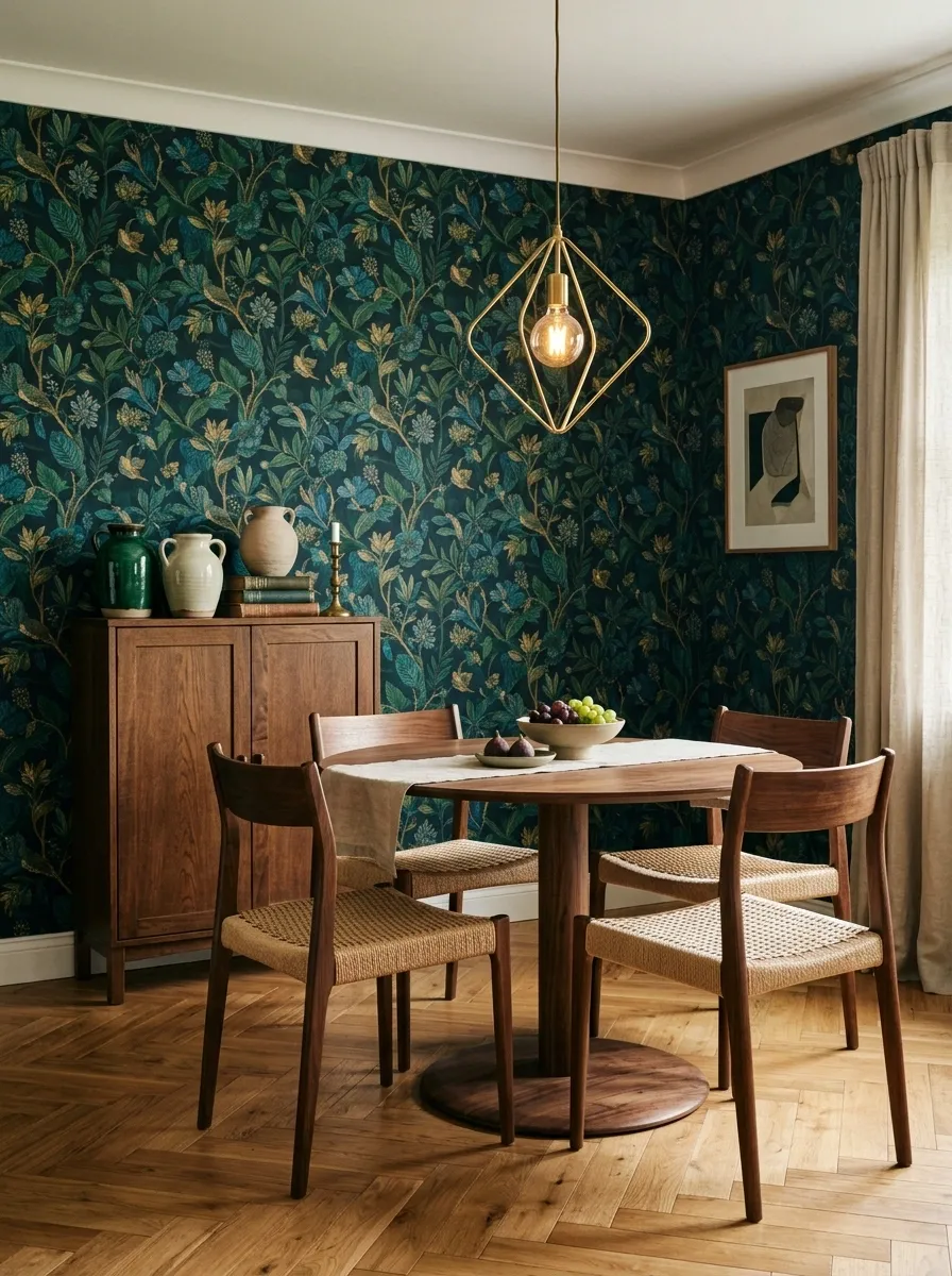 Small Eclectic Dining Room With Round Table and Statement Wallpaper