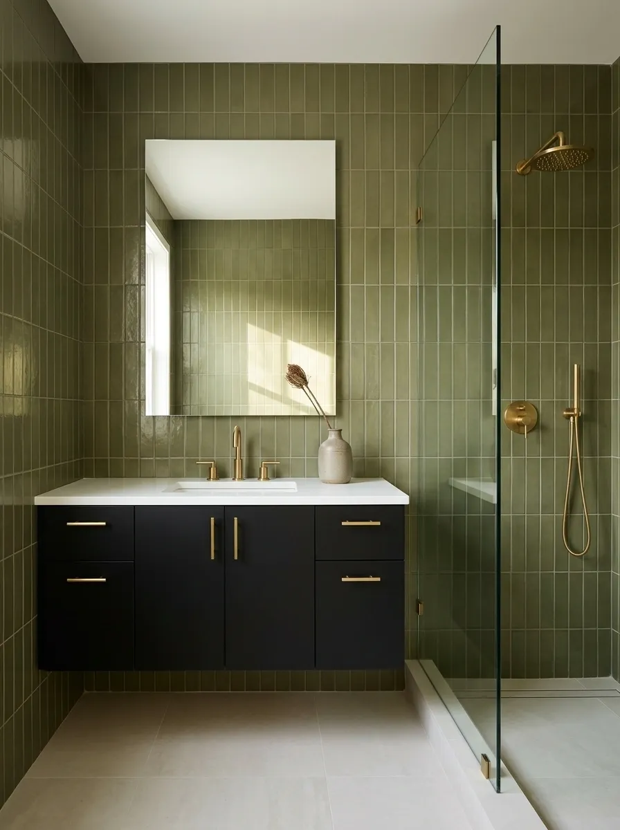 Small Green Bathroom With Floating Black Vanity