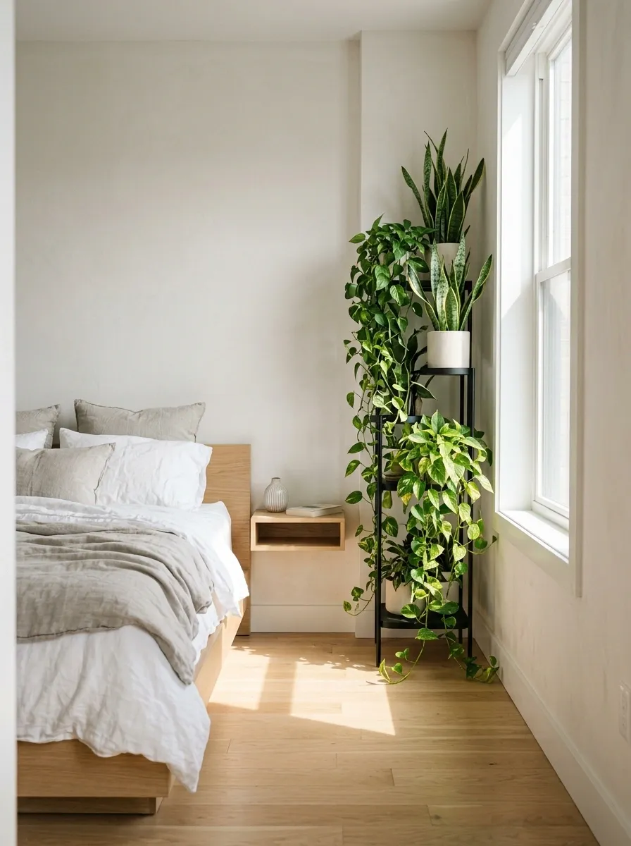 Small Greenery Bedroom With a Vertical Plant Display