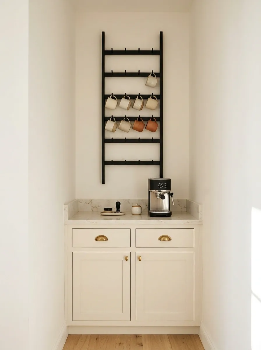 Small Kitchen Return With a Vertical Ladder Mug Rack
