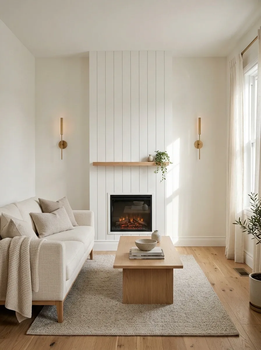 Small Living Room With a Slim Vertical Shiplap Fireplace