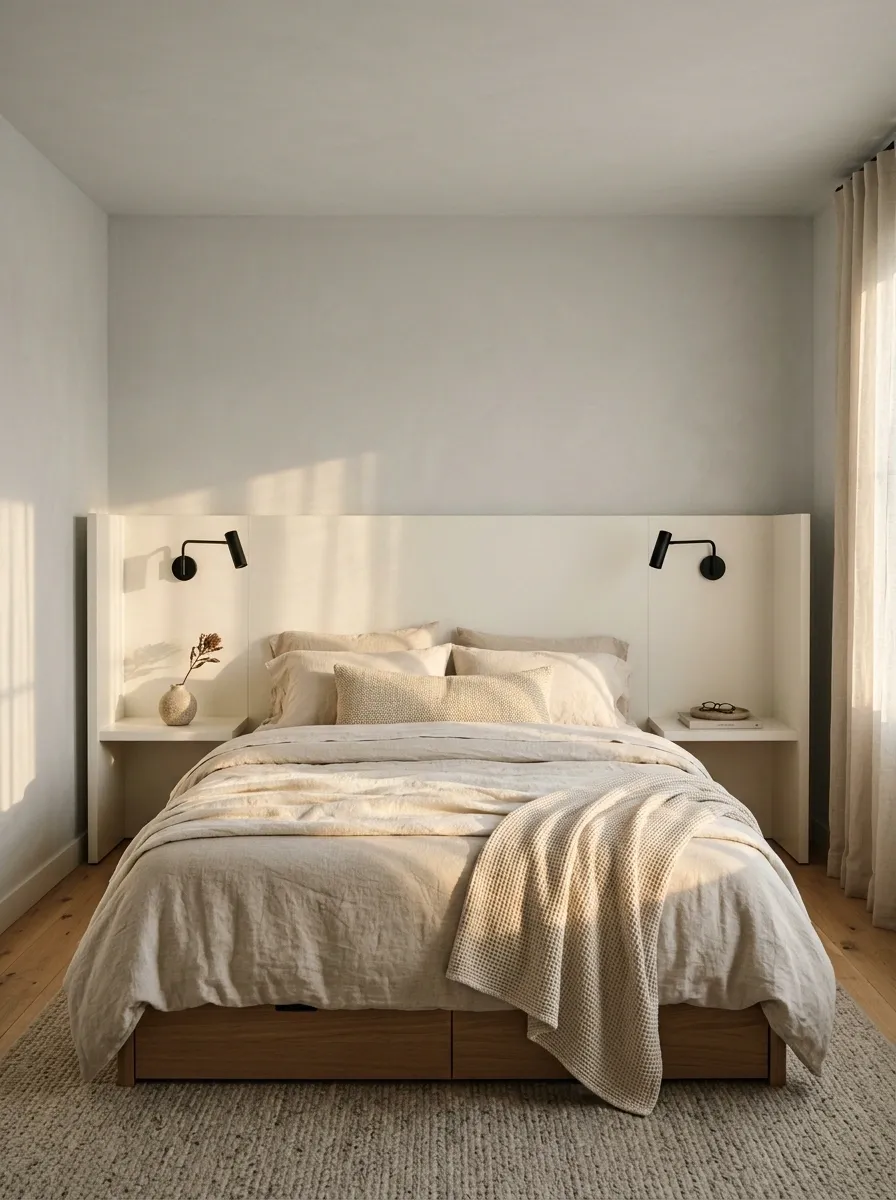 Small Married Couple Bedroom With a Wraparound Storage Headboard