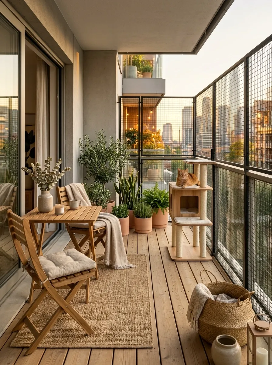 Small Rental Balcony With a Removable Cat Enclosure
