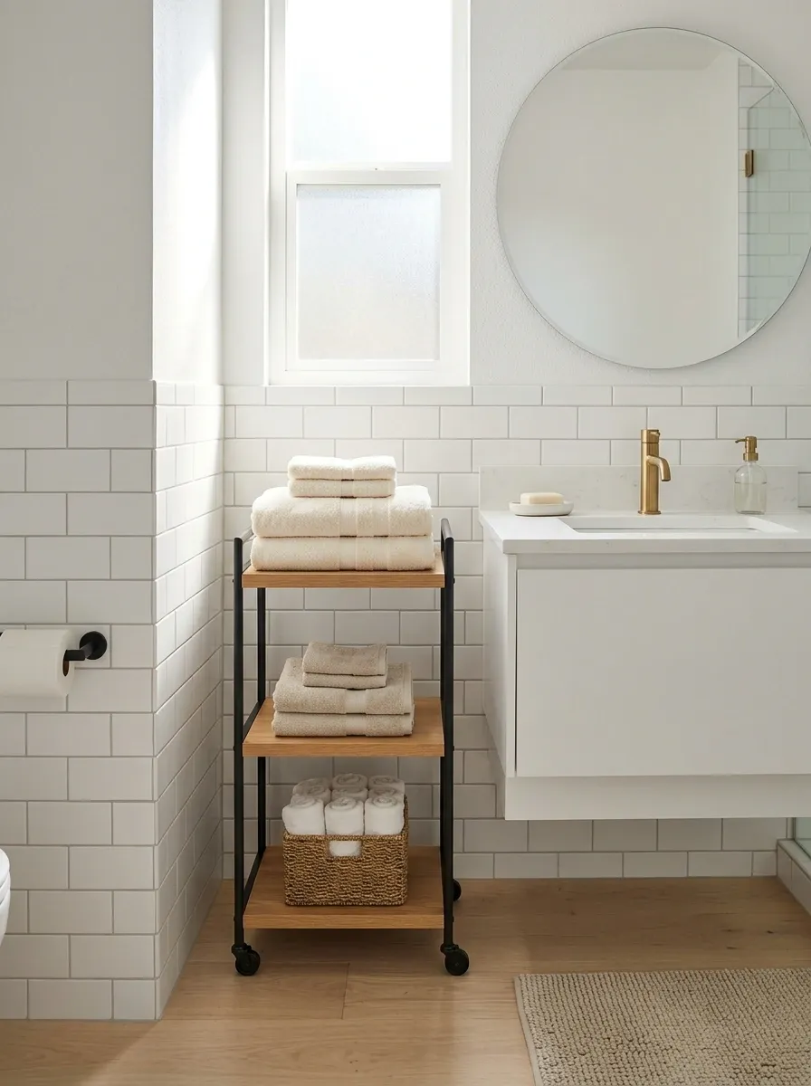 Small Rental Bathroom With a Narrow Rolling Towel Cart