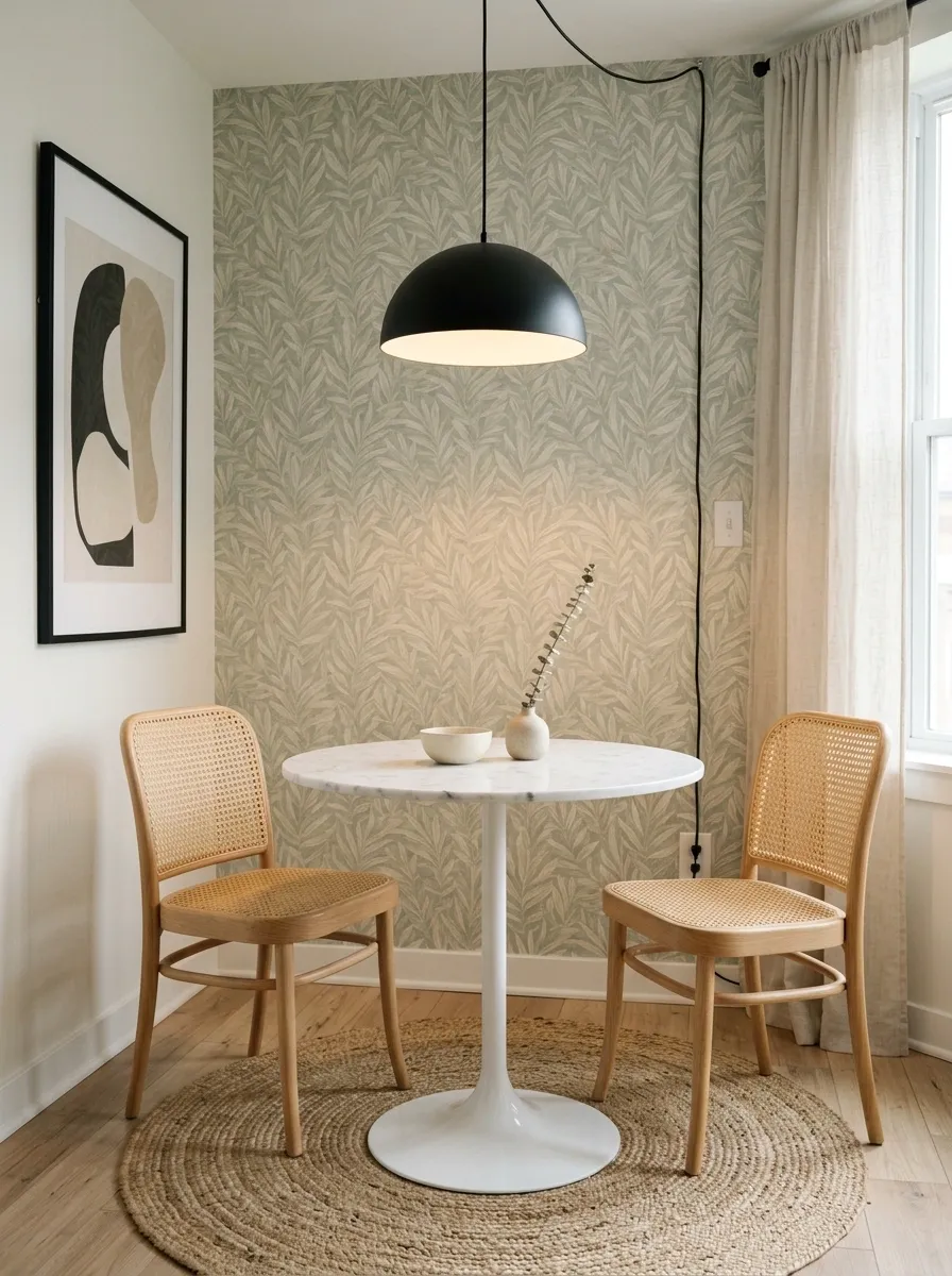 Small Rental Dining Corner With Removable Wall Styling and Compact Table