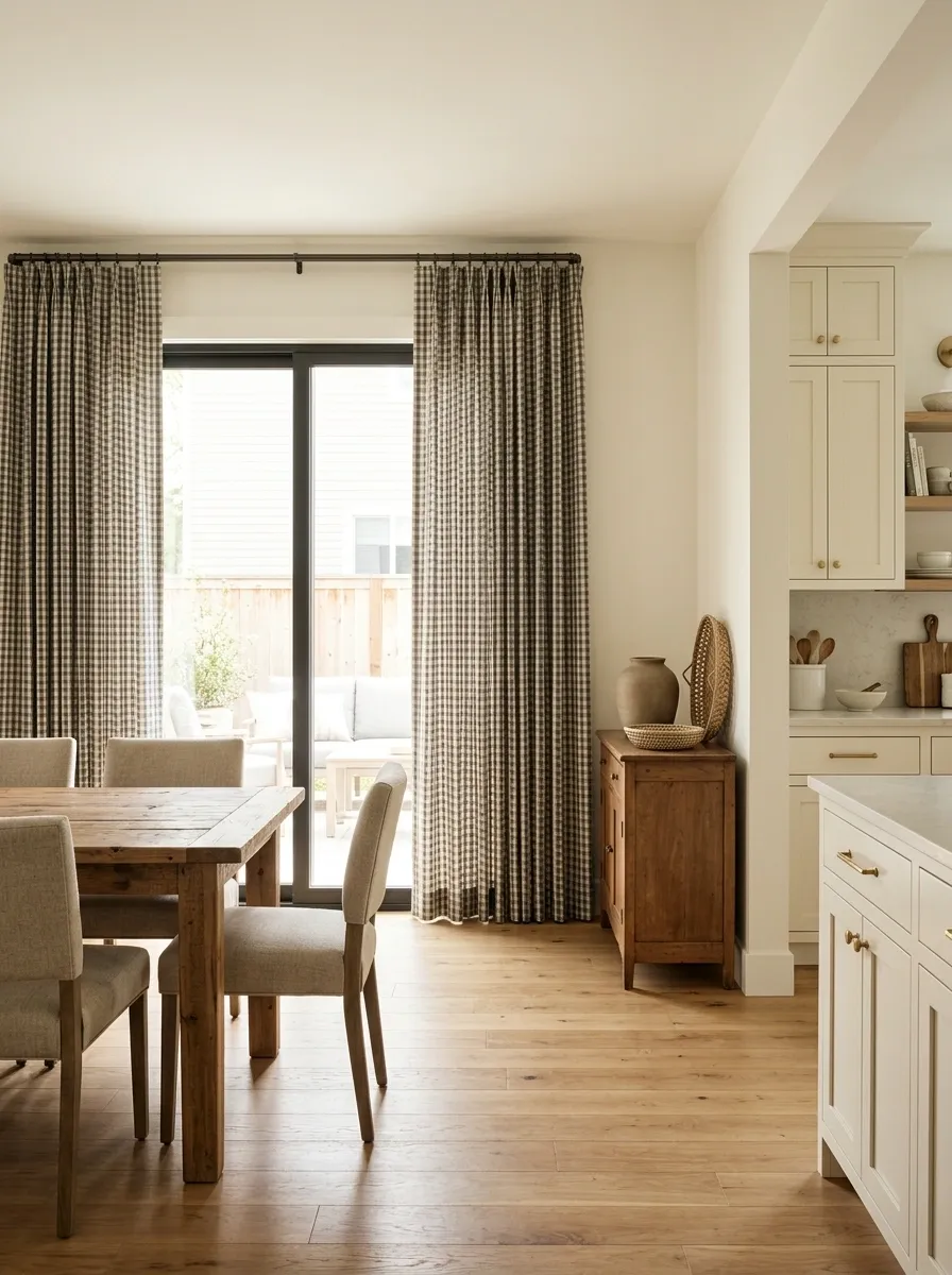 Small-Scale Gingham Curtains in an Updated Farmhouse Interior