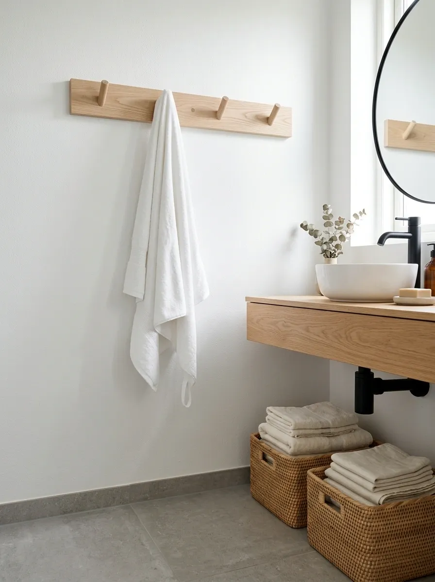 Small Scandinavian Bathroom With a Peg Rail and Towel Baskets
