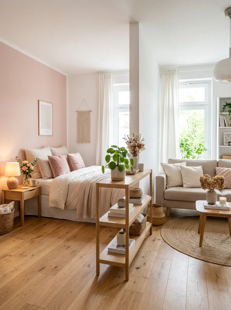 Small Studio Apartment With Pink Zone and Neutral Living Zone
