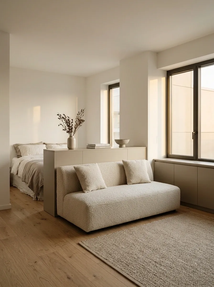 Small Studio With a Low Storage Divider Behind the Sofa