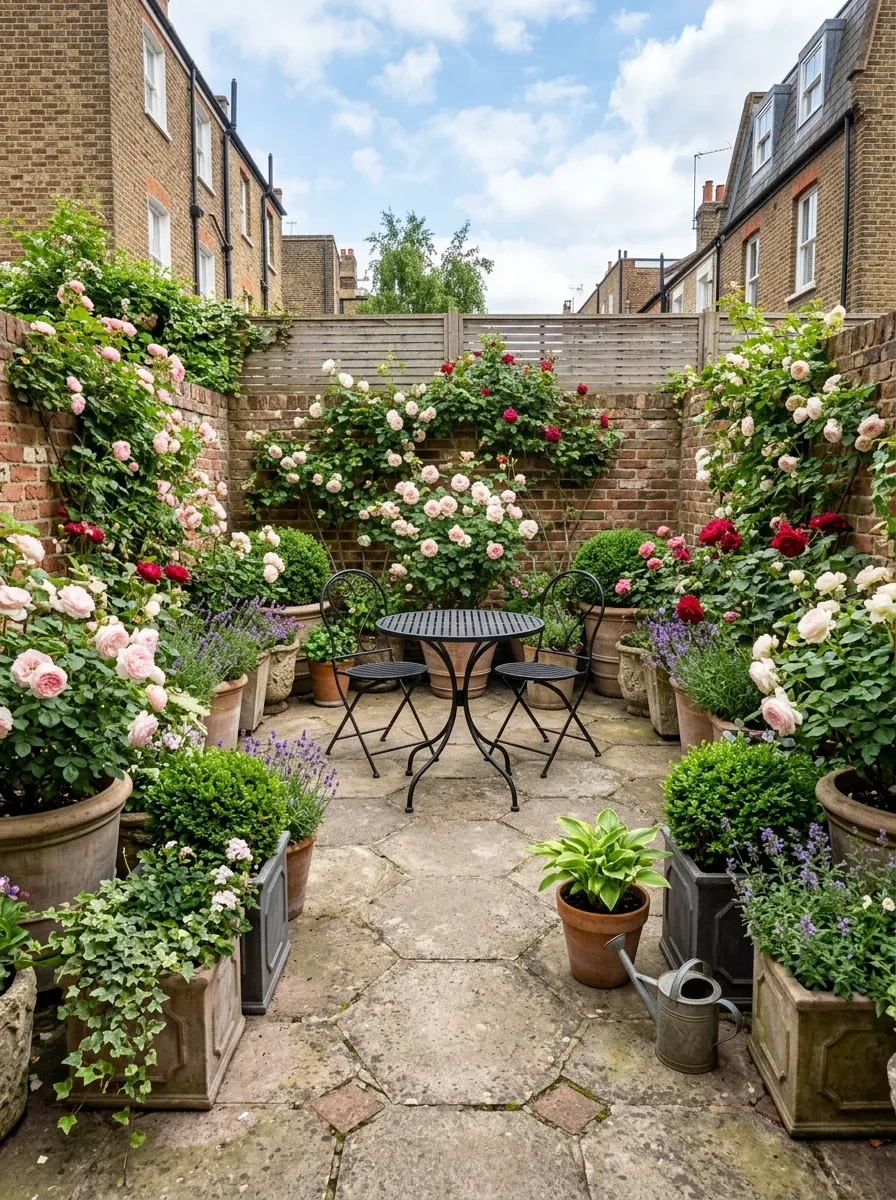 Small Urban Backyard With Roses in Large Containers