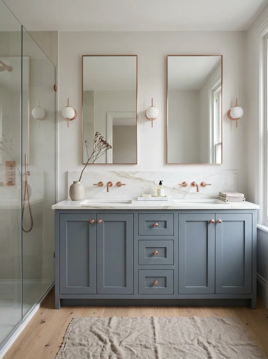Smoky Blue Bathroom With White Marble and Rose Gold