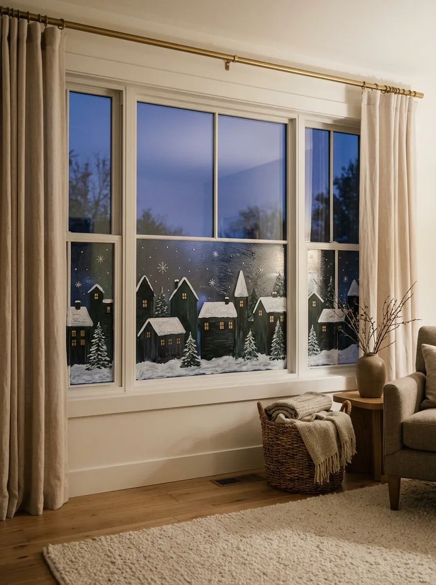 Snowy Village Silhouettes With Glowing Painted Windows