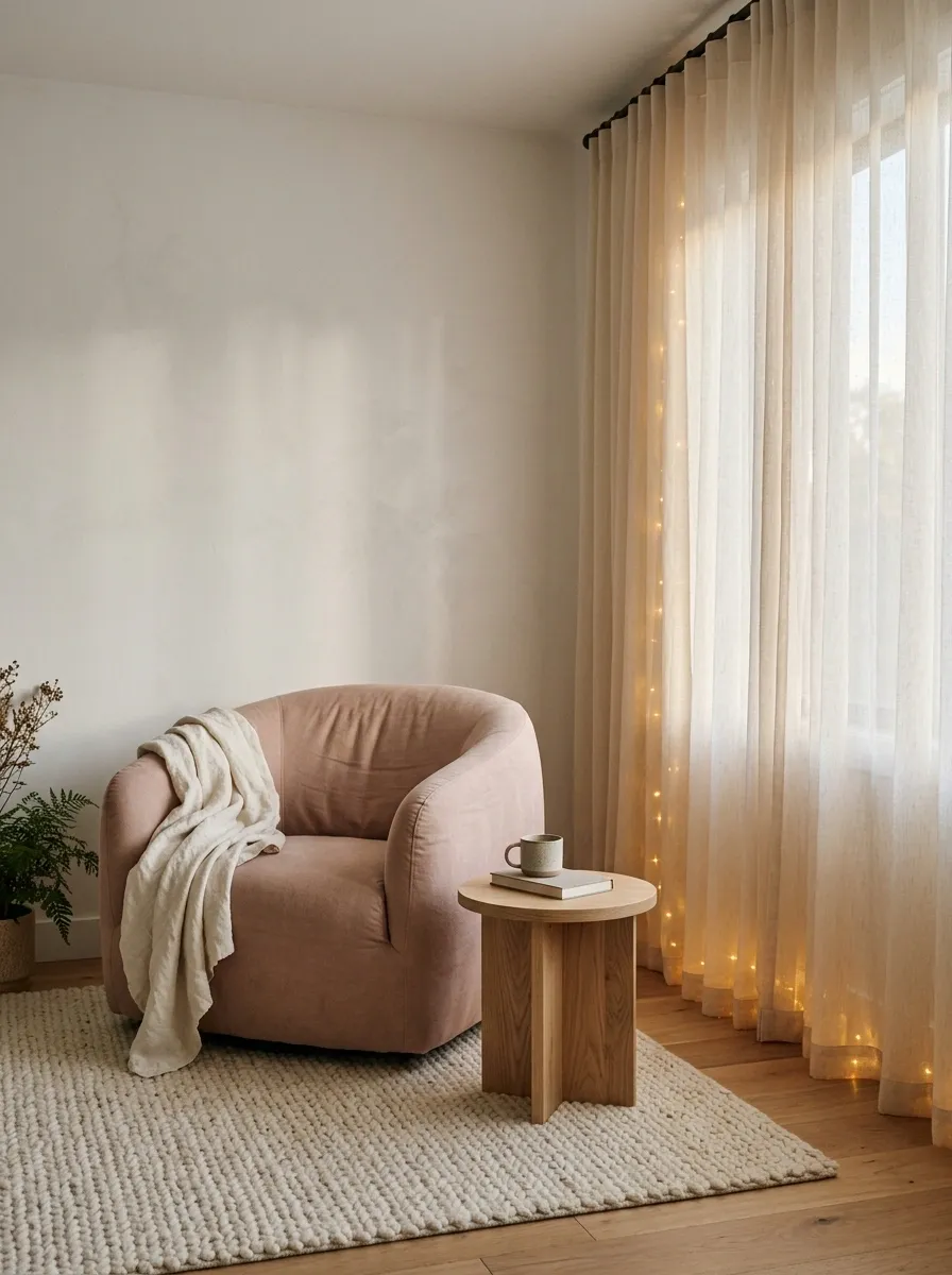 Soft Bedroom Corner With a Blush Reading Chair