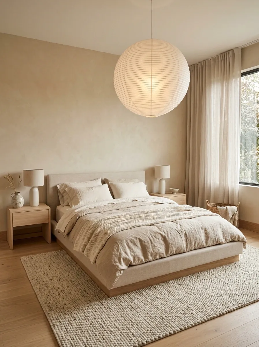 Soft Beige Bedroom With Platform Bed and Paper Lantern Lighting