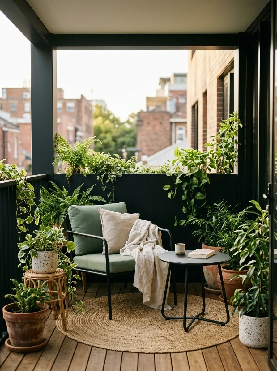 Soft Black, Sage, and Natural Fiber Balcony