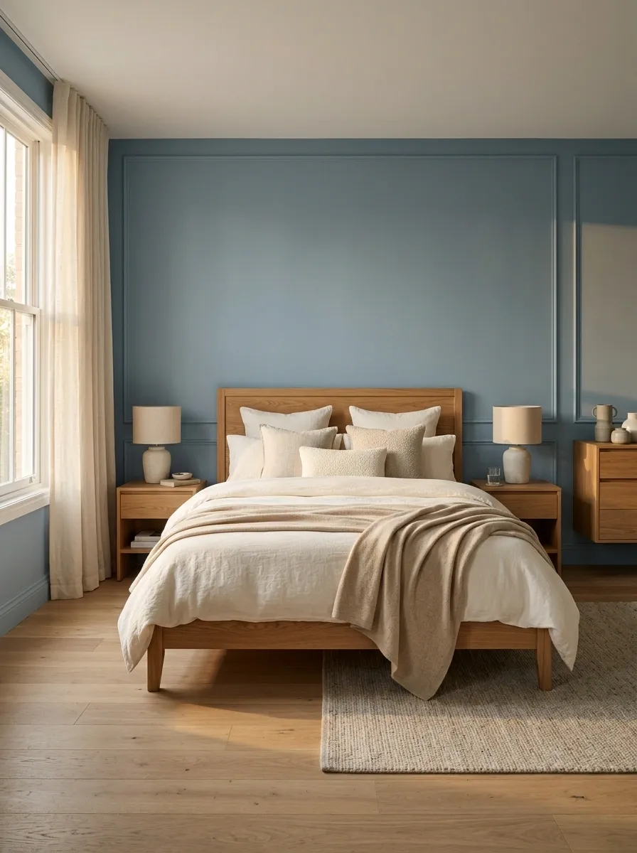 Soft Blue Bedroom With Warm Oak and Layered Neutral Bedding