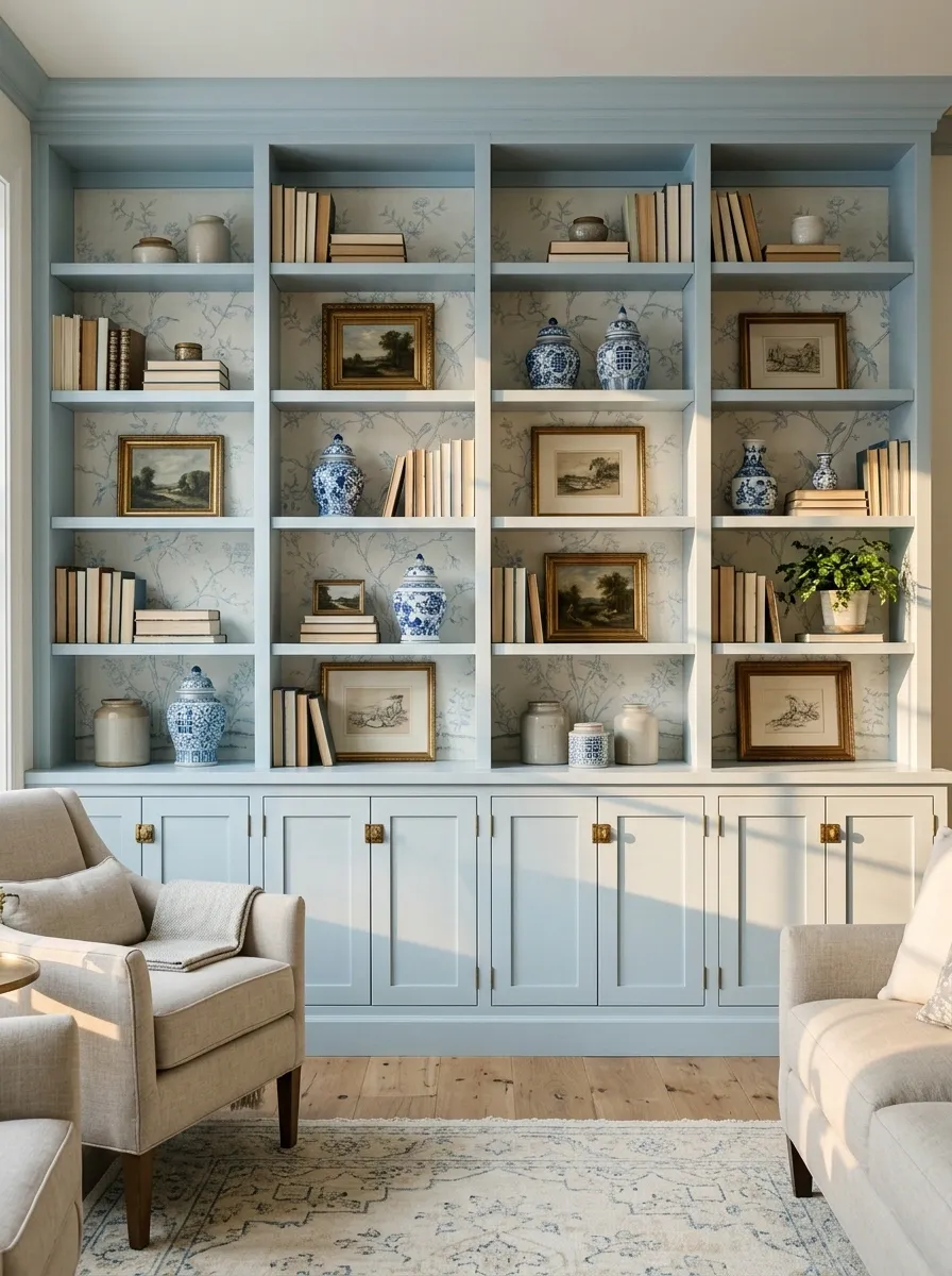 Soft Blue Built-Ins With Traditional Chinoiserie Wallpaper