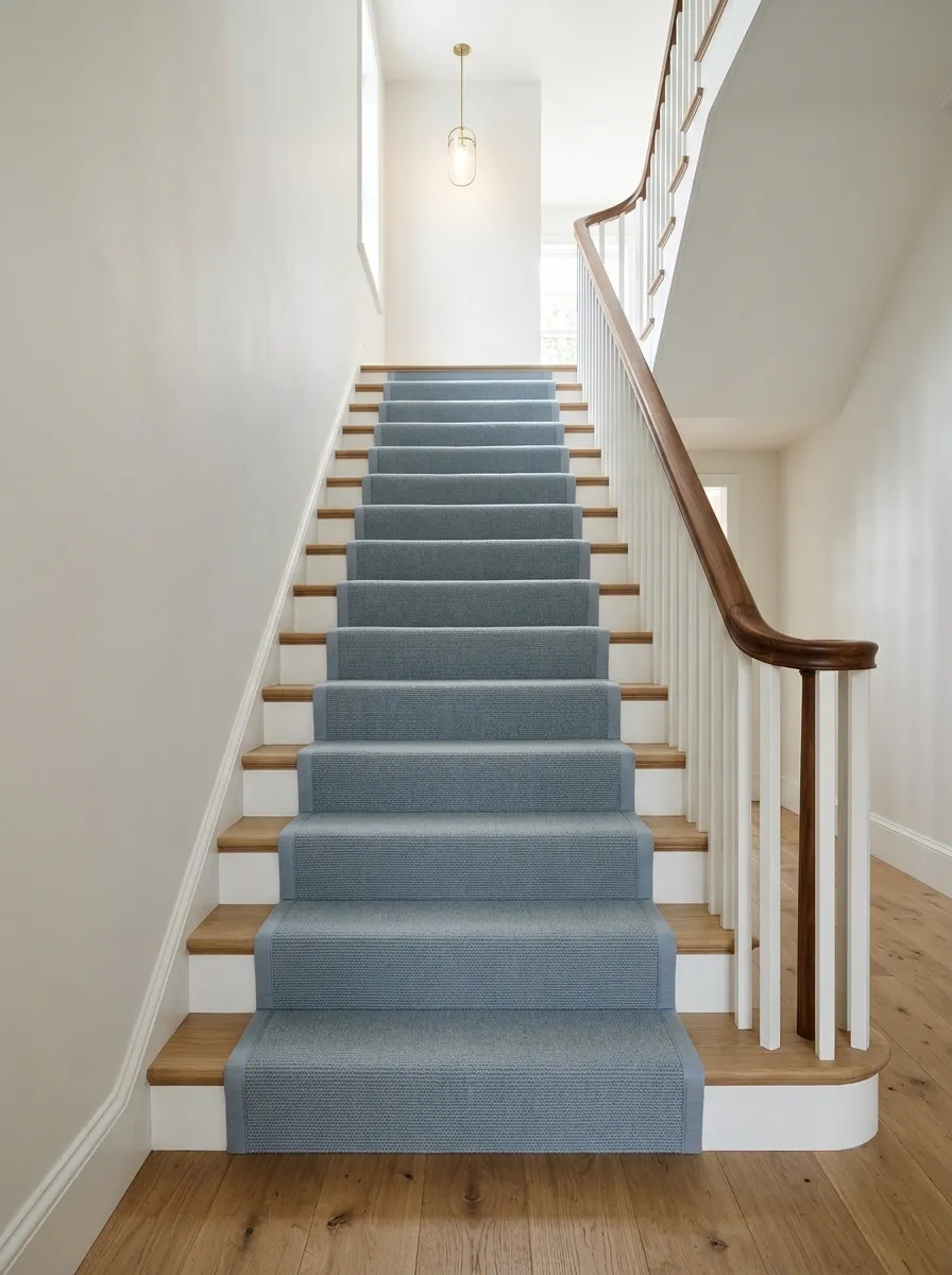 Soft Blue Runner Between White Risers and a Walnut Rail