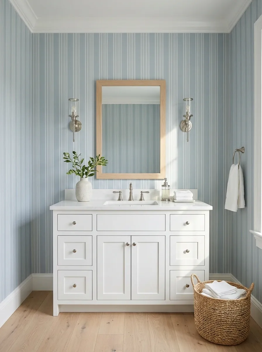 Soft Blue Striped Wallpaper With Coastal Shaker Cabinetry