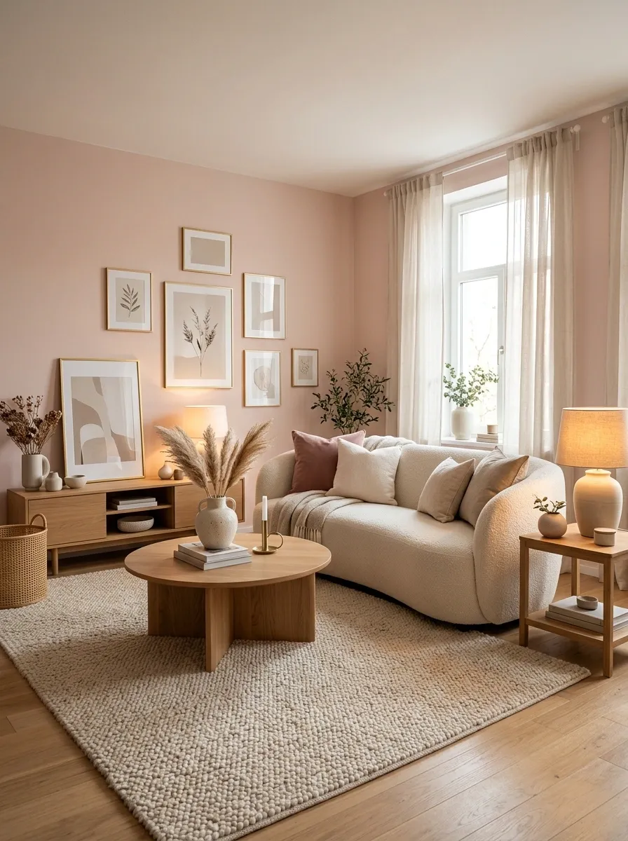 Soft Blush Living Room With Curved Furniture and Warm Lighting