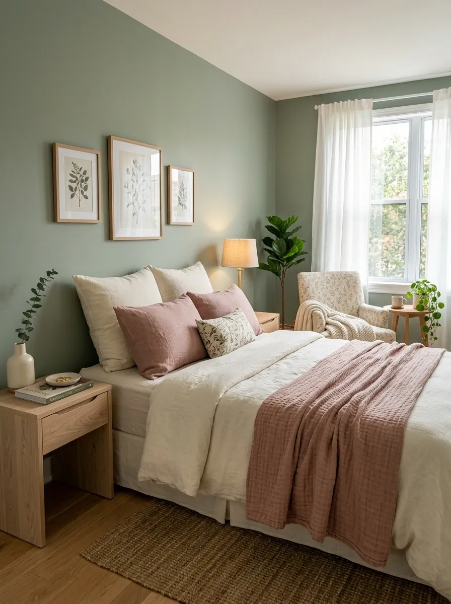 Soft Botanical Bedroom With Sage, Rose, and Cream