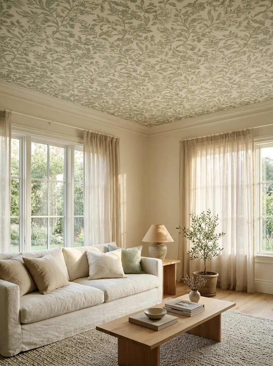 Soft Botanical Ceiling in a Warm Neutral Living Room