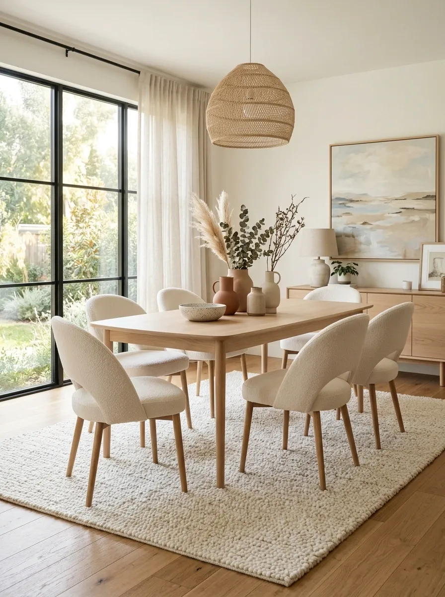 Soft Contemporary Dining Room With a Large Cream Textured Rug