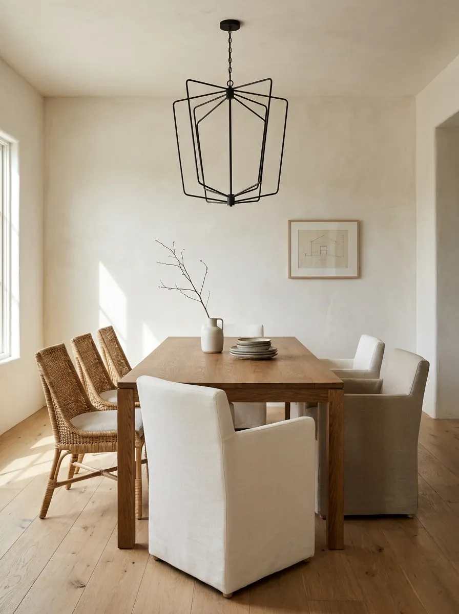 Soft Contemporary Farmhouse Dining Room With Plaster Walls