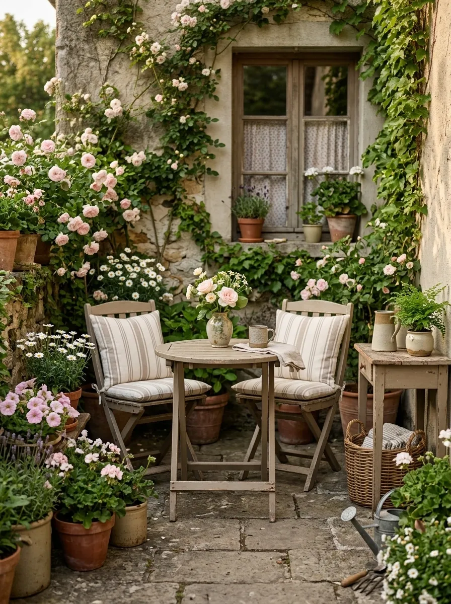 Soft Cottage Patio With Painted Furniture and Flower-Filled Containers